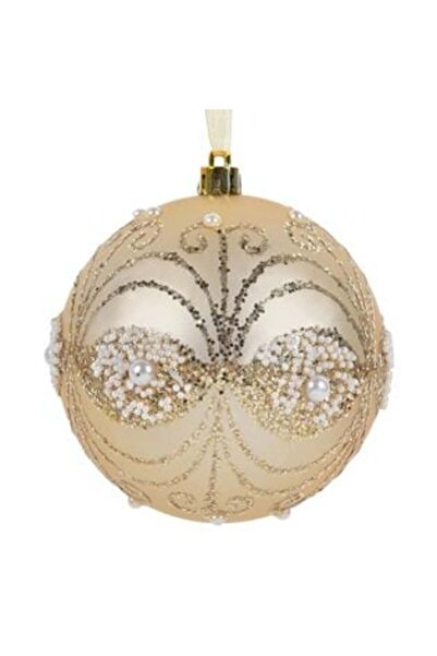 SHOPIENS Ornament de Crăciun pentru brad, bilă mată bej-aurie cu sclipici și mărgele Ø10 cm