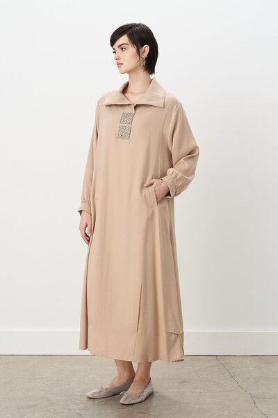 Nihan Parlak Taşlı Örme Modal Elbise Bej