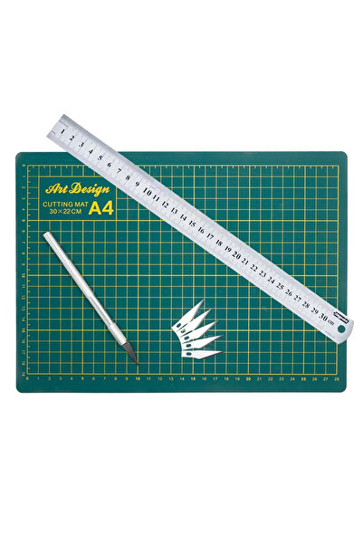 Art & Art A4 Cutting Mat Double-Sided Cutting Mat Kretuar Knife 5 Refills Steel Ruler 30 cm A4 Cutting Set