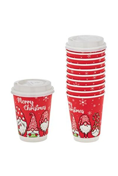 SHOPIENS Pahare de hârtie roșii cu capace întărite - Gnome Christmas 360 ml -...