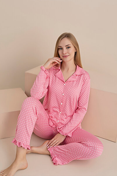 rindahomewear Women's Printed Milan Knitted Long Sleeve Buttoned Pajama Set with Ruffle Detail on Sleeves and Legs