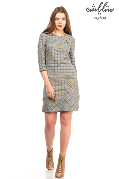 Stylish A short gray dress with yellow stripes for an attractive look