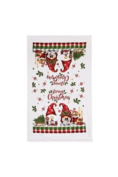 SHOPIENS Prosop de bucătărie din bumbac alb cu figurine de pitici de Crăciun,...