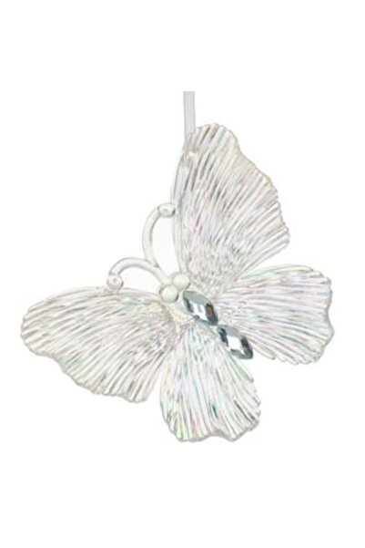 SHOPIENS Ornament Brad de Craciun Fluture cu Glitter Alb Irizat Strass 11 x 9 cm