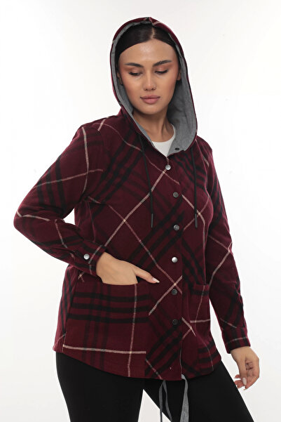 Lady Majestic Büyük Beden Rahat Kalıp Kapüşonlu Oduncu Kadın Gömlek Hırka