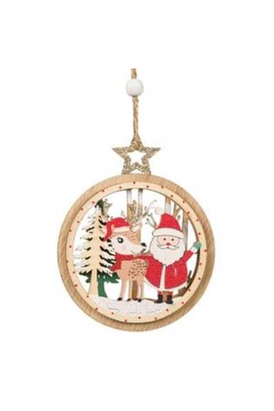 SHOPIENS Ornament de Crăciun din lemn - Glob cu Moș Crăciun și Reni, Ø11 cm
