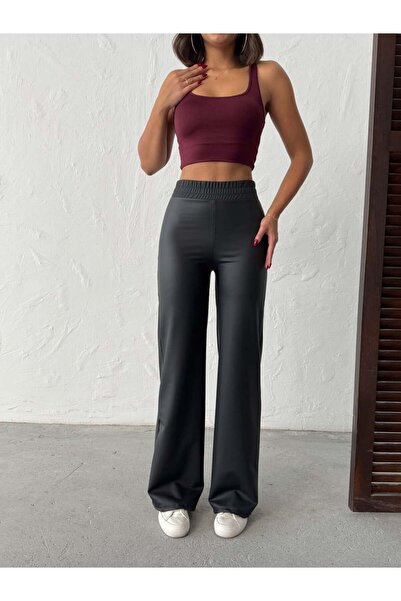 Miss Prova Black Faux Leather Pants with Elastic Waist Misspnt2411