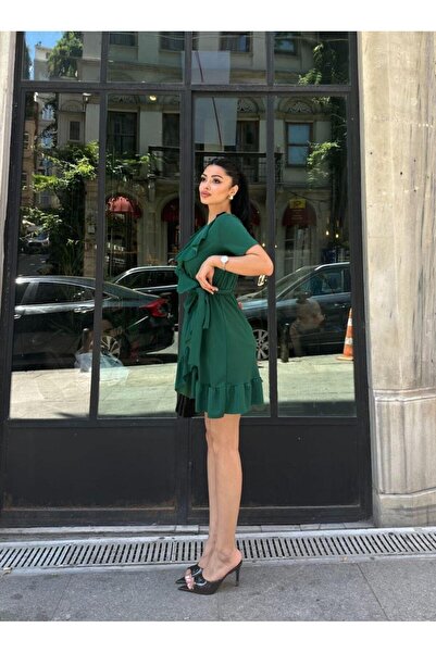 Modafeminen Scuba Krep Kuşaklı V Yaka Kısa Elbise Midi Boy elbise 583000 Zümrüt