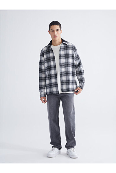 LC Waikiki Μαύρο με κουκούλα μακρυμάνικο καρό ανδρικό πουκάμισο με κανονική εφαρμογή