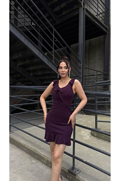 Modafeminen Kalın Askılı Yaka Ve Etek Fırfırlı Simli Krep Elbise MOR 581310