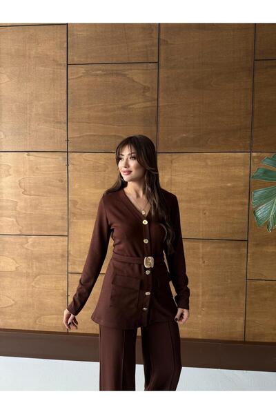 QİMYA BUTİK Buketli̇ Women's Fixed Belted Fixed Yellow Buttoned V-Neck Blouse and Elastic Waist Loose Trousers Two-Piece Bottom