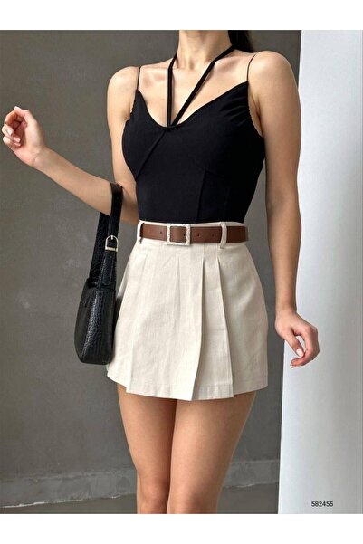 Modafeminen Crepe Fabric Neck Tie Detail Strap Crop Blouse 582455 Black