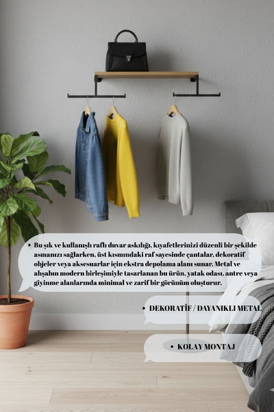 Grandmix Ahşap Raflı Giysi Askısı Metal Askılı Duvar Rafı