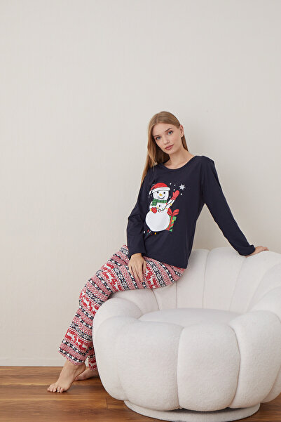 Serena Women's Christmas pajamas, navy blue blouse and red pants, "Snowman" p...