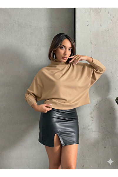 Look Forward Γυναικεία μπλούζα με μανίκια νυχτερίδας από ύφασμα Milk Coffee Interlock D ψηλός λαιμός