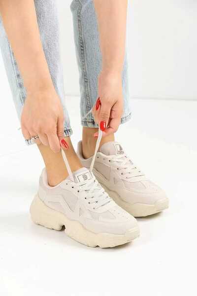 NAVİSHOES Ekru Kadın Sneaker Bağcıklı Spor Ayakkabı Günlük Okul 141NAV