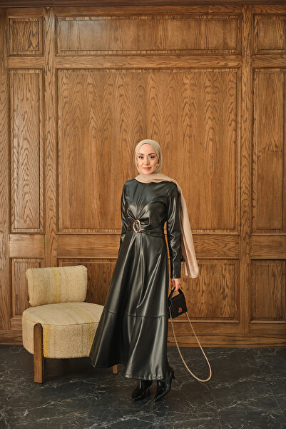 LOCCO Kadın Şardonlu Deri Elbise Siyah