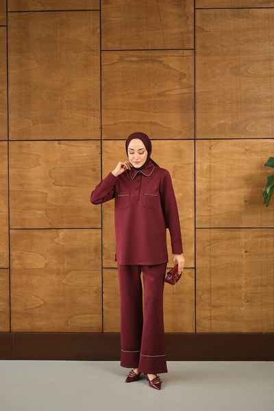 LOCCO Women's Stone Detail Pocket Suit Burgundy