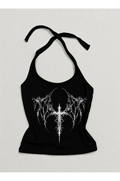 MAYDAY CULTURE Design gotic grunge punk Y2K Top negru din lycra cu gât tip ha...