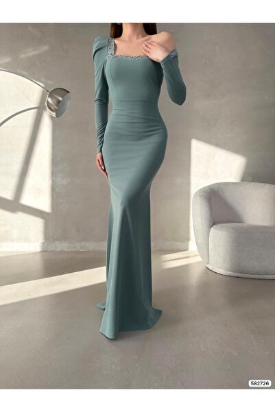 Modafeminen فستان سهرة طويل بأكمام طويلة وياقة مادونا يكشف الكتفين MINT 582726