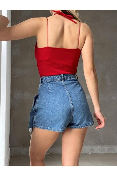 Modafeminen Crepe Fabric Neck Tie Detail Strap Crop Blouse 582455 Red