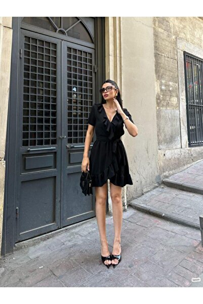 Modafeminen Scuba Crepe Belted V-Neck Short Dress Midi Length Dress 583000 Black