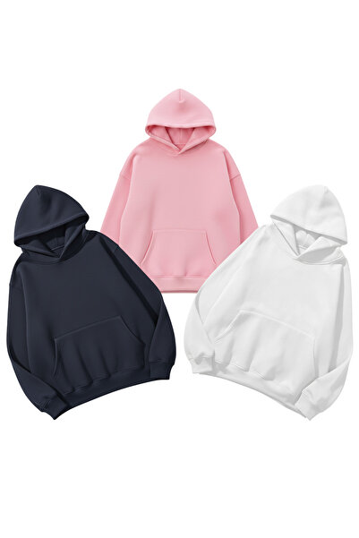 uyguntarz Унисекс бяло, розово и индиго 3-парчево изгодно пакетче 3-слойно прекалено голямо суитшърт