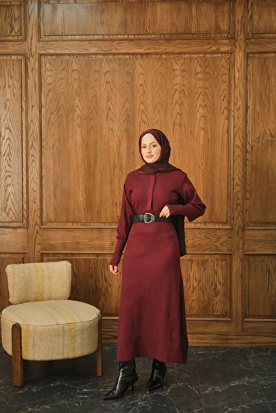 LOCCO Women's Hidden Button Detailed Dress Burgundy