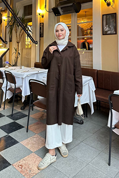 LOCCO Women's Pocket Detailed Medium Length Cashmere Brown