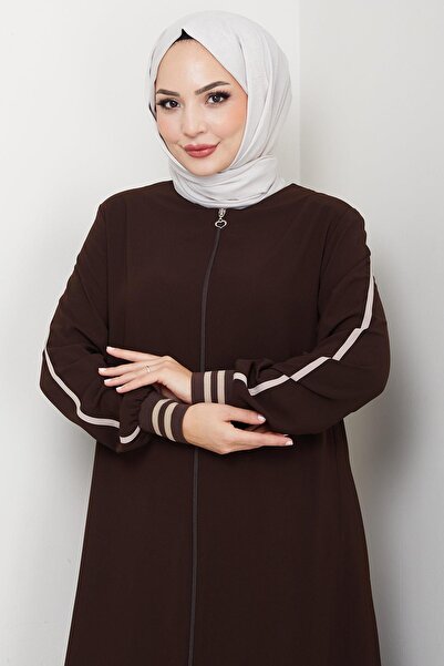 hafsamina Stripe Detailed Ferace Bitter Brown Hm2035