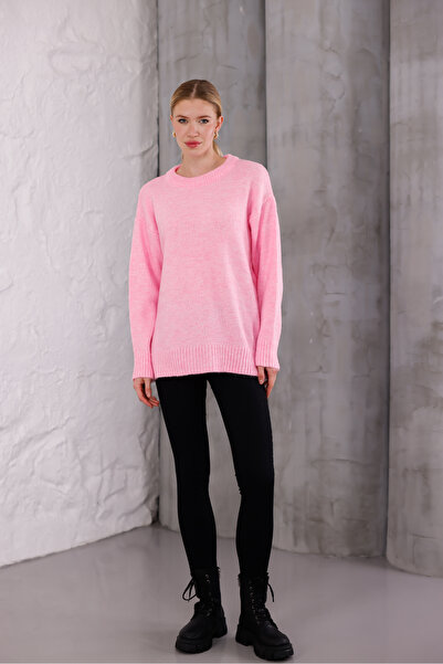 Moda Değirmeni Πλεκτό πουλόβερ με λαιμόκοψη ροζ oversized MD1191-313-0003