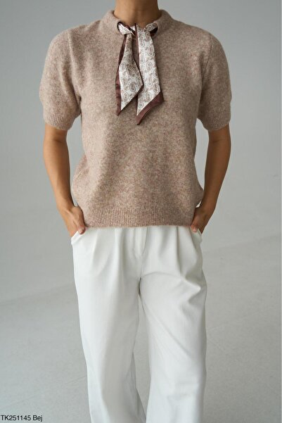 CADDELAMODA Women's Scarf Short Sleeve Knit Sweater