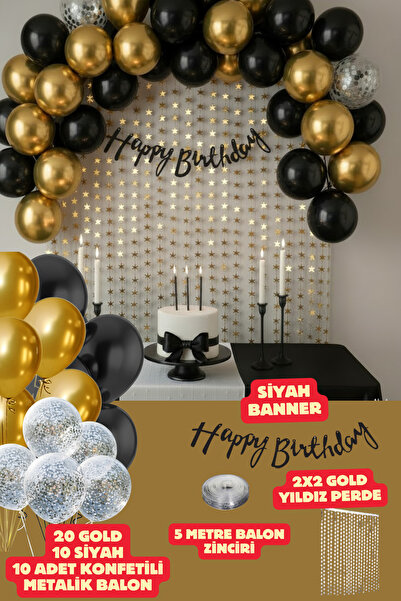 Baloncu Nene مجموعة بالونات عيد ميلاد سعيد باللون الأسود مع خلفية بالونات باللون الأسود والذهبي لحفلات أعياد الميلاد