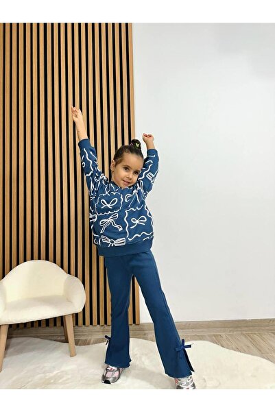 Magu Girl's Cotton Navy Blue Bow Patterned Sweatshirt and Flared Leg Sweatpants Set - Comfortable Casual Style