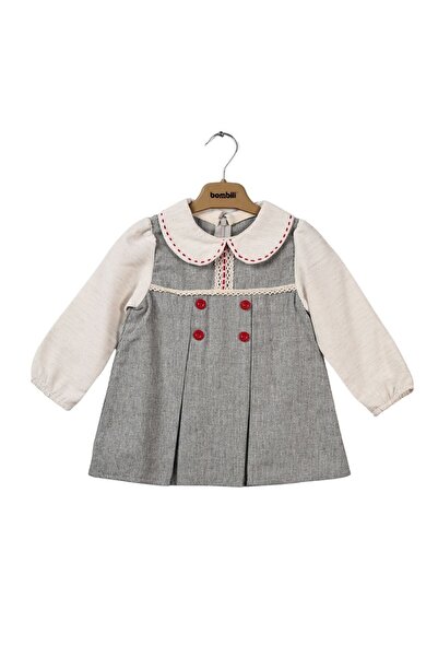 Bombili Baby Girl Peter Pan collar Red Buttoned Gray Striped Pleated Dress Lace Detailed