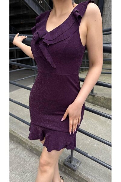 Modafeminen Kalın Askılı Yaka Ve Etek Fırfırlı Simli Krep Elbise MOR 581310