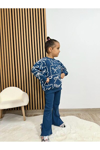 Magu Girl's Cotton Navy Blue Bow Patterned Sweatshirt and Flared Leg Sweatpants Set - Comfortable Casual Style