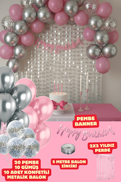 Baloncu Nene Pembe Happy Birthday Banner Balon Seti Arka Fon Pembe Gümüş Konf...