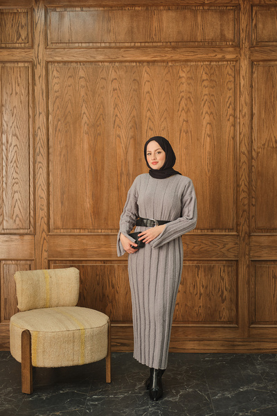 LOCCO Kadın Kendinden Desenli Triko Elbise Gri