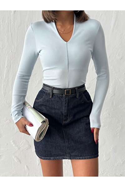 ladyzey γυναικεία μπλούζα με μακρύ μανίκι από ύφασμα μοντάλ με λαιμόκοψη σε μπλε χρώμα