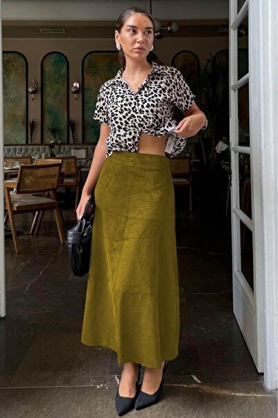 Madmext Yağ Yeşili Süet Uzun Etek Mg2549