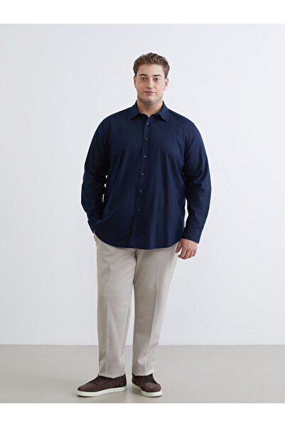 LC Waikiki Navy Blue Plus Size Regular Fit Long Sleeve Dobby Men's Shirt