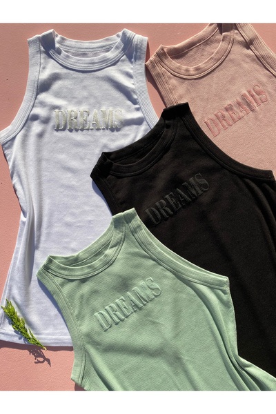 LEYNA BUTİK Modal Ribbed Knit Fabric Halter Neck Embossed Printed Pack White, Powder, Black, Green T-Shirt Undershirt