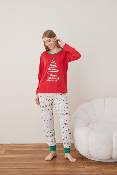Serena Women's Christmas pajamas, red blouse and gray pants, "Merry Christmas" tree print