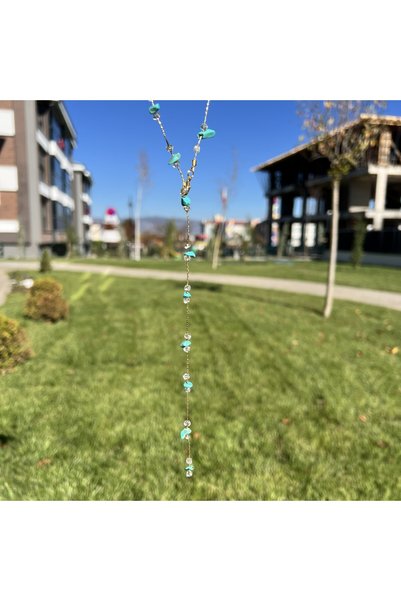 Taşmeran Turquoise and Crystal Quartz Natural Cracked Stone Y Chain Necklace Tky0413