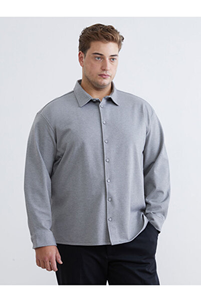 LC Waikiki Γκρι μεγάλου μεγέθους ανδρικό πουκάμισο με μακρύ μανίκι κανονική ε...