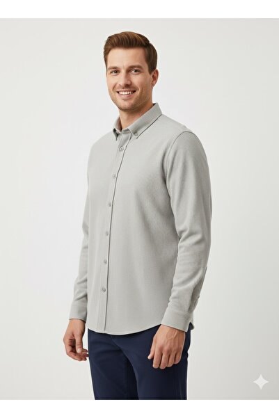 ModaPlaza Men's Knitted Corded Fabric Slimfit Shirt