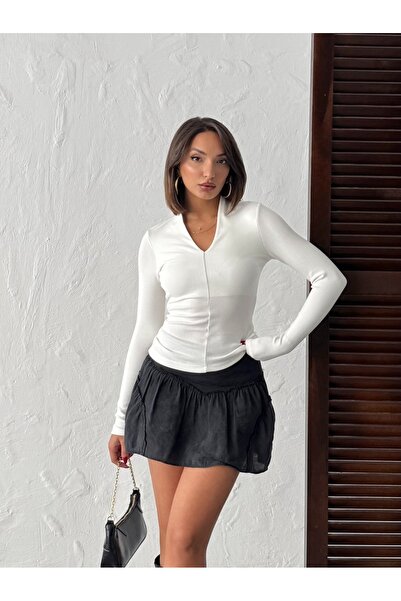 ladyzey Women Ecru V-Neck Modal Fabric Long Sleeve Blouse