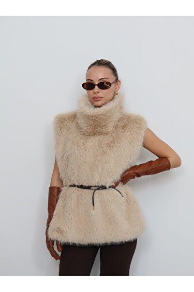 Zey Studio Γυναικείο μπεζ ψηλός λαιμός δερμάτινο πουλόβερ με λεπτομέρεια από ...