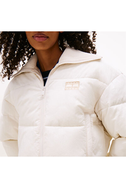 Tommy Hilfiger Crop Ribbed Detail Puffer Kadın Beyaz Mont